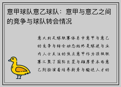 意甲球队意乙球队：意甲与意乙之间的竞争与球队转会情况