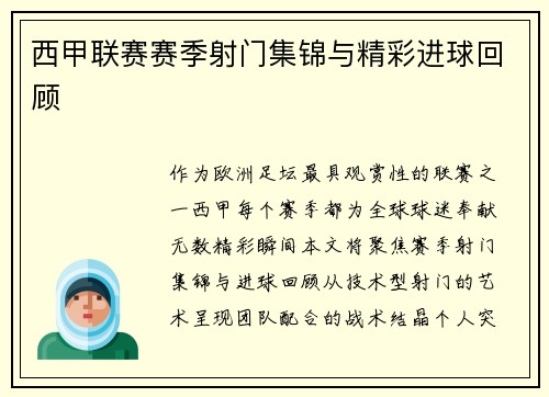 西甲联赛赛季射门集锦与精彩进球回顾