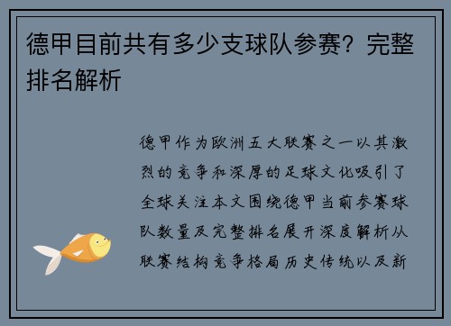 德甲目前共有多少支球队参赛？完整排名解析